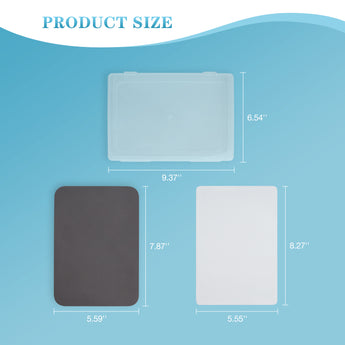 Wet palette kit size chart: Clear palette case (9.37x6.54"), dark grey sponge (5.59x7.87"), wet paper (5.55x8.27").