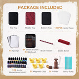 Package contents breakdown of the miniature painting set including wet palette trays, paints, brushes, and accessories.