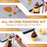 Infographic showing key kit features like squeeze paint bottles, magnetic clips, and stable miniature painting handle.