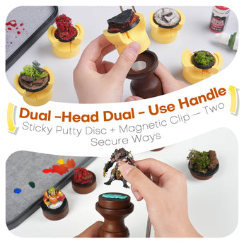 Demonstration of the dual-head painting handle with magnetic clips and sticky putty options for secure miniature mounting.