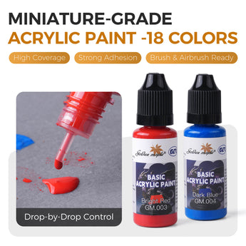 Squeeze dropper bottles of Golden Maple miniature-grade acrylic paint in bright red and dark blue colors.