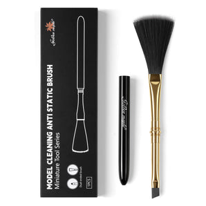 Golden Maple dual-head anti-static model cleaning brush shown with protective cap and box.