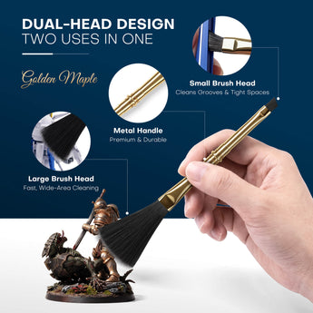 Dual-head design features large fan end for wide surfaces and small angled head for tight model grooves.