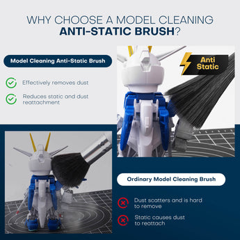 Comparison showing anti-static brush effectively clearing dust versus ordinary brush scattering particles.