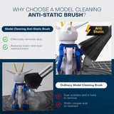 Comparison showing anti-static brush effectively clearing dust versus ordinary brush scattering particles.