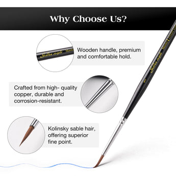 Professional Kolinsky Sable hair brush with a copper ferrule and ergonomic wooden handle for a superior fine point.
