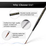 Professional Kolinsky Sable hair brush with a copper ferrule and ergonomic wooden handle for a superior fine point.