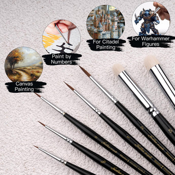 Versatile Kolinsky Sable brushes and drybrushes, ideal for canvas painting, Warhammer figures, and Citadel model painting.