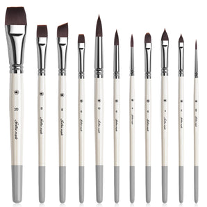 11pcs Synthetic paint brush set: flat, angled, round, filbert, detail brushes for watercolor, oil, acrylic art projects.