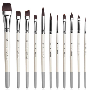 11pcs Synthetic paint brush set: flat, angled, round, filbert, detail brushes for watercolor, oil, acrylic art projects.