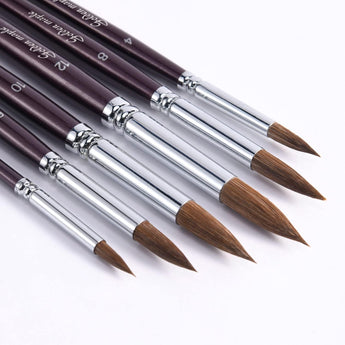 Set of 6 Kolinsky Sable brushes showing various sizes and round points for fine detail and watercolor painting.