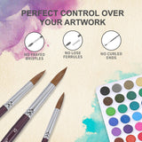 Professional Kolinsky Sable brushes with rust-free ferrules next to a pan watercolor palette for precise artwork.
