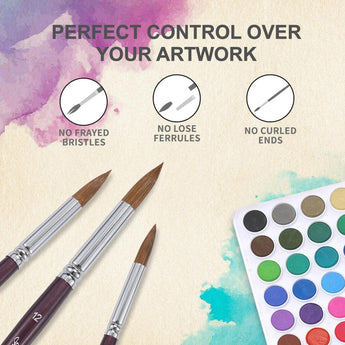 Professional Kolinsky Sable brushes with rust-free ferrules next to a pan watercolor palette for precise artwork.