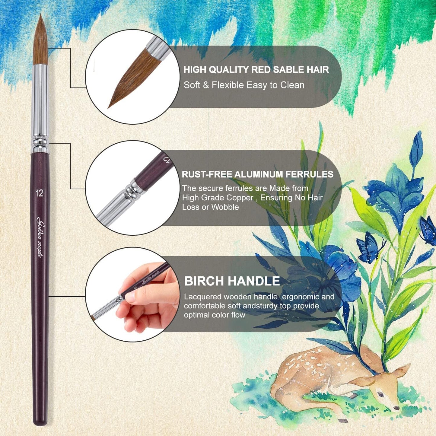 Golden Maple 6pcs Sable Hair Round Paint Brush Set (8168-GM)