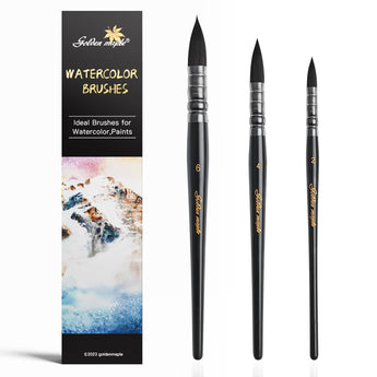 GoldenMaple Synthetic Squirrel Watercolor Detail Brushes, displayed with essential brush care and cleaning instructions.