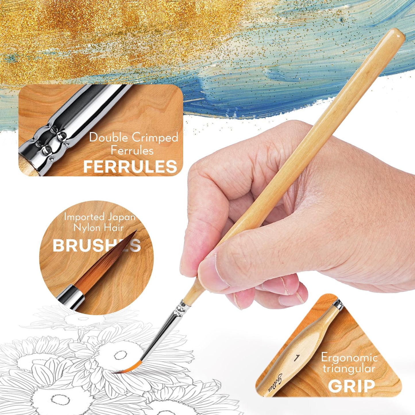 10PCS Detail Paint Brushes Flat Angle Filbert Fine Detail Brush Set