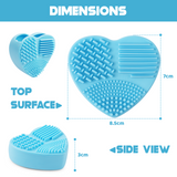 Dimensions and side view of the blue heart-shaped silicone brush cleaner.