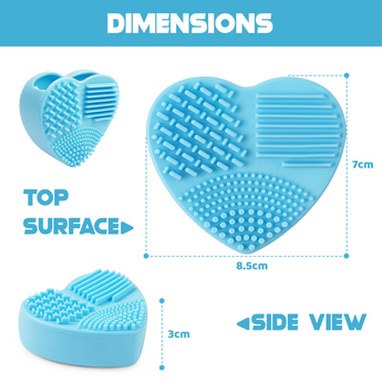 Dimensions and side view of the blue heart-shaped silicone brush cleaner.
