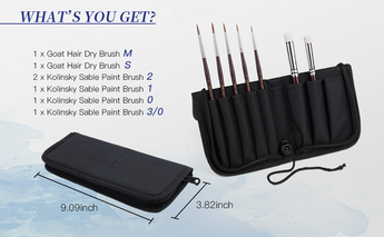 7pcs Kolinsky Sable Detail & Goat Hair dry brush set. Fine detail miniature brushes in a portable roll-up travel case.