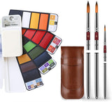 18-color Watercolor Paint Set & Travel Watercolor Brushes in a brown leather case. Perfect for Pro Artists & Beginners.