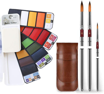 18-color Watercolor Paint Set & Travel Watercolor Brushes in a brown leather case. Perfect for Pro Artists & Beginners.