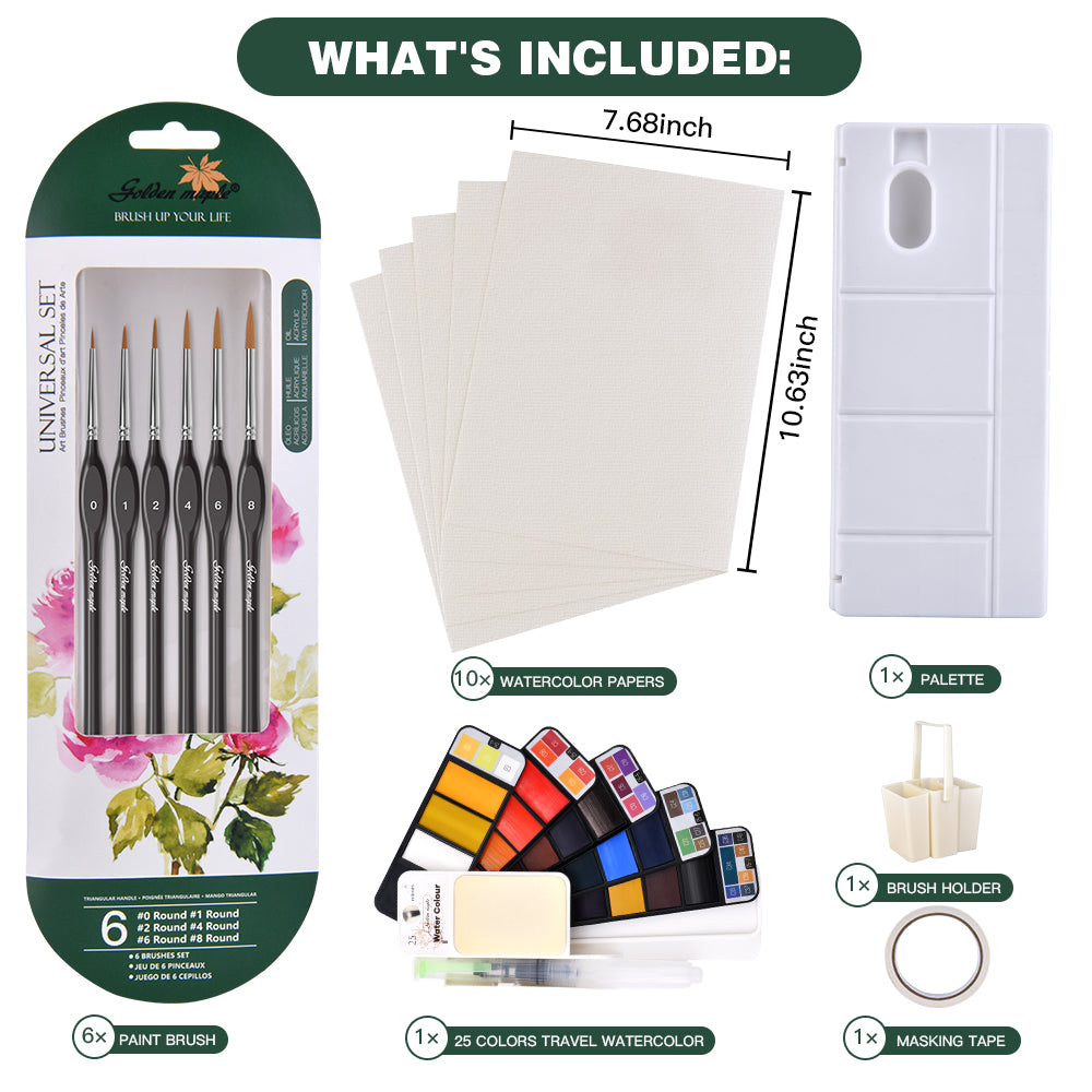 Goldenmaple & Seema Bisht Beginning Watercolor Kit-6PCS Detail Brushes and 25 Assorted Colors Foldable Paint,Watercolor Paper, Watercolor Palette and Paint Brush Rinser