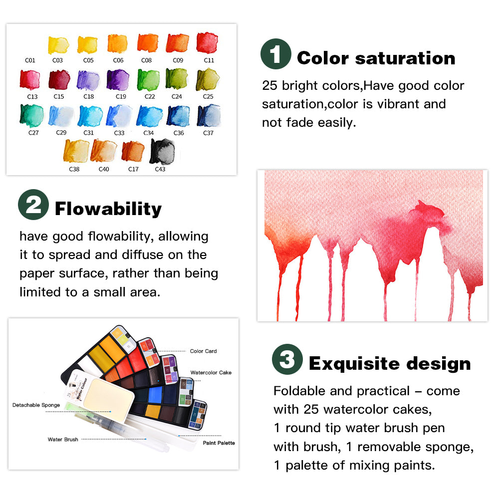 Goldenmaple & Seema Bisht Beginning Watercolor Kit-6PCS Detail Brushes and 25 Assorted Colors Foldable Paint,Watercolor Paper, Watercolor Palette and Paint Brush Rinser