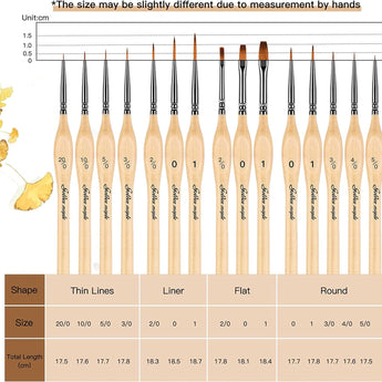GoldenMaple 15pcs Miniature Brushes Micro Detail Paint Brush Set with full dimensions chart. Ideal for pro artists.
