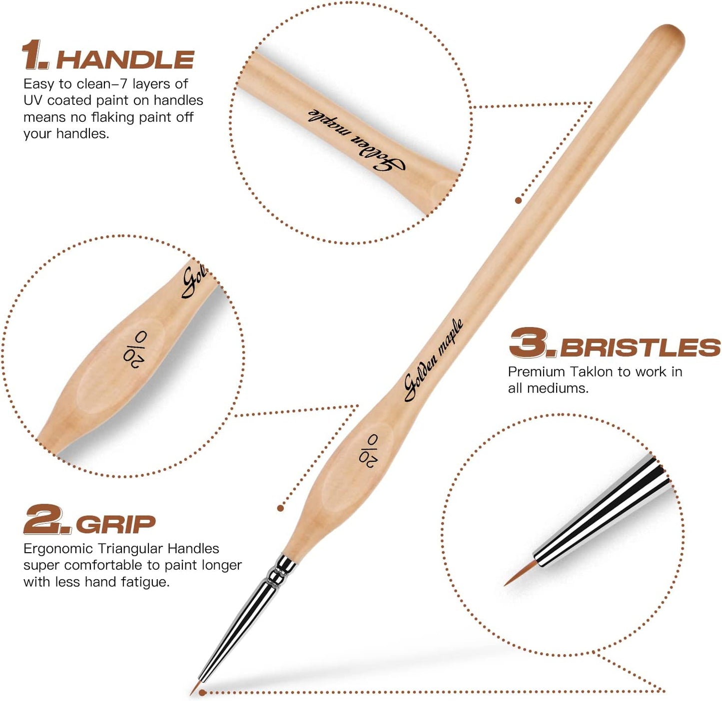 Maple emas Set kuas cat Detail mikro, kuas garis Kuas Bulat (Goldenmaple-15pcs) 15 buah