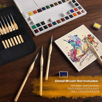 GoldenMaple 15pcs fine detail paint brush set, complete sizes 5/0 to 20, ergonomic wooden handle, comes with storage pouch.