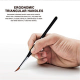 Ergonomic triangular short wood handle Nylon Sable Detail Brush. Anti-slip grip for fine art, professional & beginner artists.