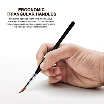 Ergonomic triangular short wood handle Nylon Sable Detail Brush. Anti-slip grip for fine art, professional & beginner artists.