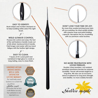 GoldenMaple precision detail paint brush, premium ergonomic design, durable rust-resistant ferrule, easy control & cleaning.