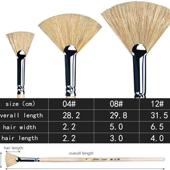 Golden Maple 3PCS Hog Bristle Long Handle Oil Fan Paint Brush Set with detailed dimensions chart.