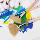 Hog Bristle Fan Brushes, apply vibrant blue, yellow & green Acrylic Paint on white paper, perfect for Artists & Beginners.