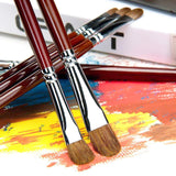 Sable Filbert Paint Brushes with brown handles & silver ferrules, resting on vibrant acrylic paint swatches.