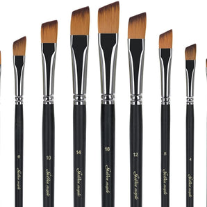 GoldenMaple 9Pcs Oblique Tip Nylon Long Handle Angled Paint Brushes Set with sizes 0-16. Ideal for Pro Artists & Beginners.