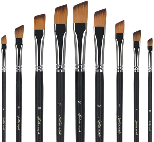 Golden Maple 9Pcs/Set Oblique Tip Nylon Hair Long Handle Angled Paint Brushes Set