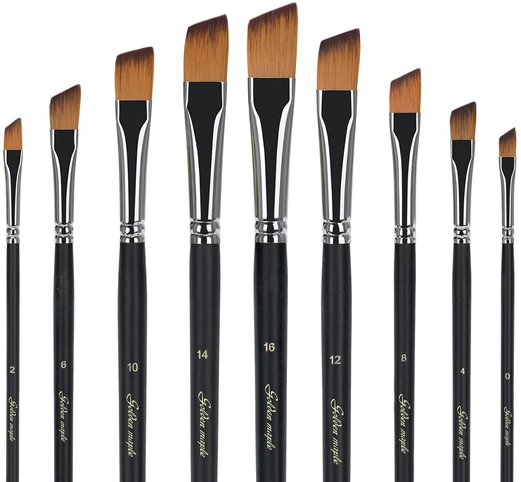Golden Maple 9Pcs/Set Oblique Tip Nylon Hair Long Handle Angled Paint Brushes Set