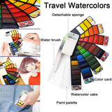 Foldable watercolor paint set, complete kit with water brush, palette, sponge & color card, all-in-one design for on-the-go.