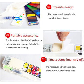 Portable travel watercolor paint set, compact exquisite design, detachable sponge, built-in water brush, easy to clean & carry.