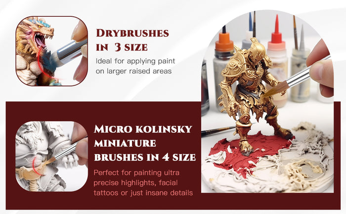 Micro Kolinsky Sable brushes and goat hair drybrushes for painting precise highlights and large terrain areas.