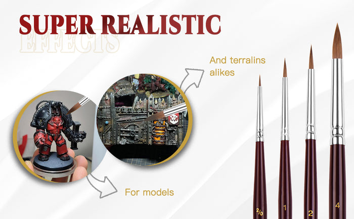 Professional Kolinsky Sable Detail Brushes in sizes 2/0 to 4 for creating realistic effects on miniature models.