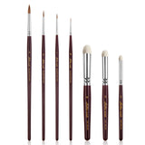 7-piece miniature brush set featuring Kolinsky Sable detail brushes and premium goat hair dry brushes for hobbyists.