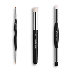 Hobby painting kit with dual-ended Goat Hair Drybrushes and specialized Nylon Detail Brushes for tabletop models.