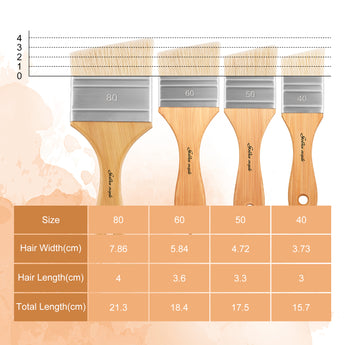 4pcs Bristle Angled Hake Brushes (sizes 80, 60, 50, 40) with dimensions chart.