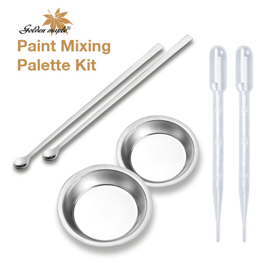 Golden Maple 2PCS Small Paint Tray Paint Mixing Palette 2PCS Metal Paint Stirrers and 2PCS Clear Plastic Droppers for DIY Art Craft, Airbrush Model Paints, Watercolors Small Round Mixing Palette Paint Tray, Pigment Mixing Cups