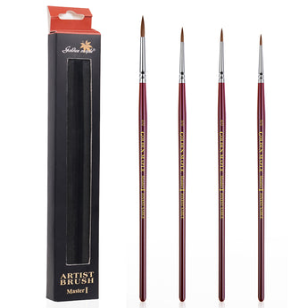 Golden Maple Master I artist brush set: four fine round detail brushes (2/0, 3/0, 4/0, 5/0) shown with packaging.