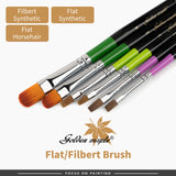 Flat and filbert hobby brush set featuring synthetic and horsehair bristles for versatile painting techniques.
