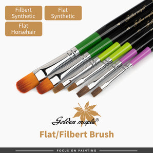 Flat and filbert hobby brush set featuring synthetic and horsehair bristles for versatile painting techniques.